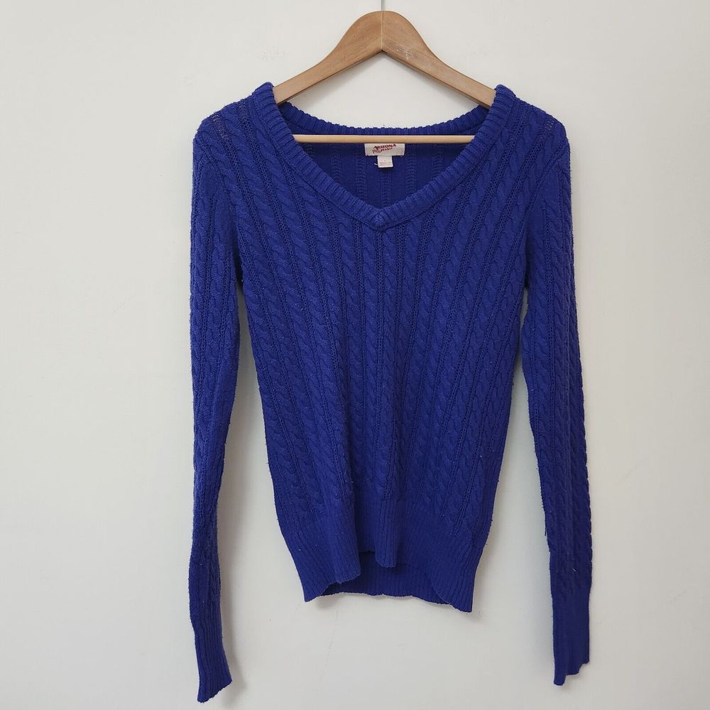 ARIZONA JEANS Women's Blue V-Neck Cable Knit Sweater Size L - Picture 1 of 7